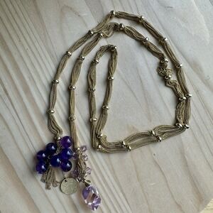 VTG Lariat Necklace 37 Inch Multi Purple Amethyst Pink Crystals Gold Plated